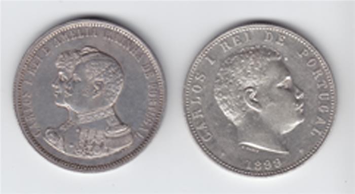 Portugal Carlos I. und Amelia Rainha, 1.000 Reis 1898 bzw. 1899.