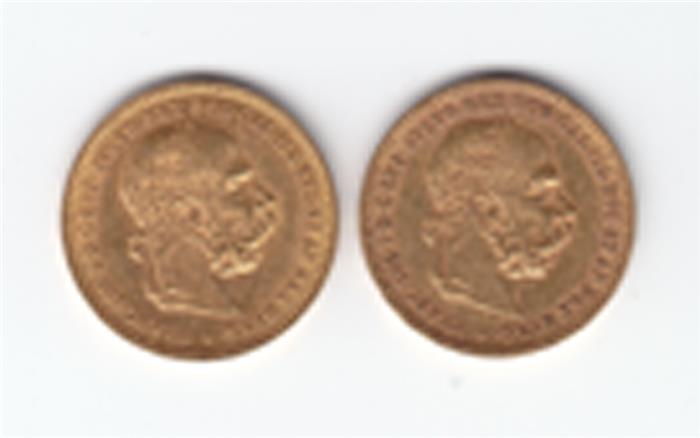 Österreich, Franz Joseph I., zweimal 10 Kronen 1905.