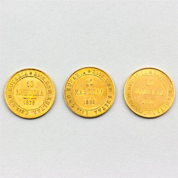 Drei Goldmünzen Finnland, Suomi 3x 10 Markkaa 1878, 1879 und 1882.