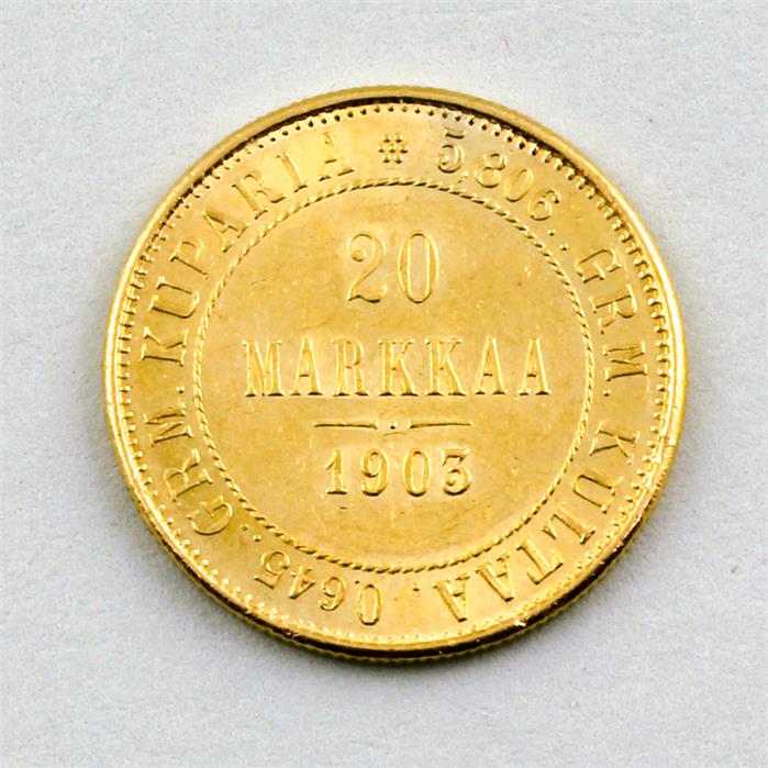 Goldmünze Finnland, Suomi 20 Markkaa 1903.