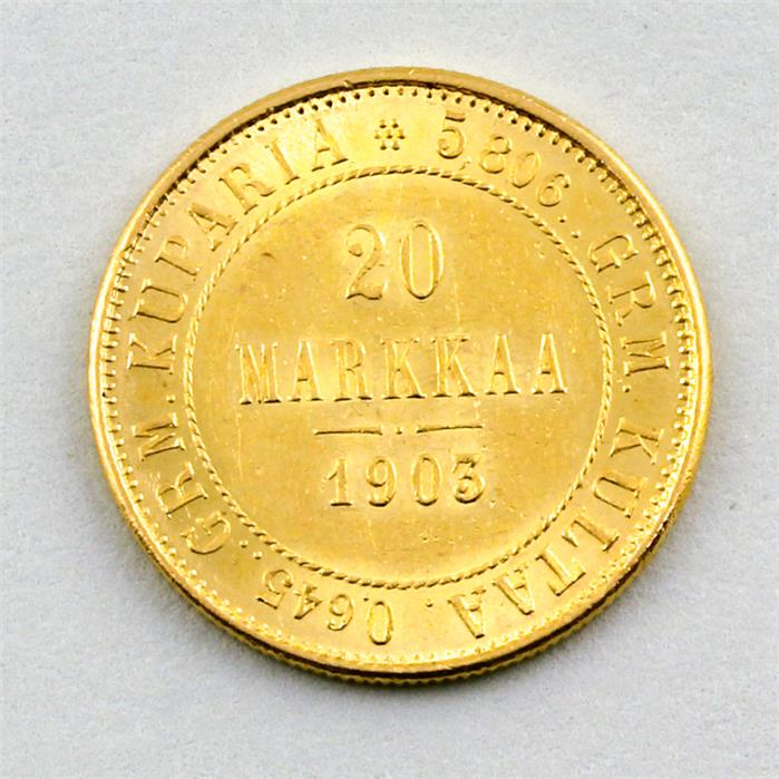 Goldmünze Finnland, Suomi 20 Markkaa 1903.