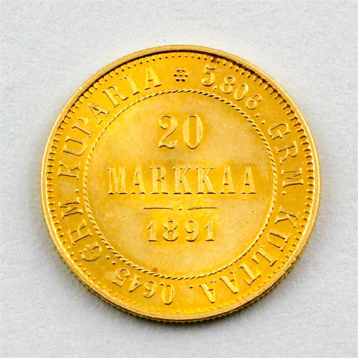 Goldmünze Finnland, Suomi 20 Markkaa 1891.