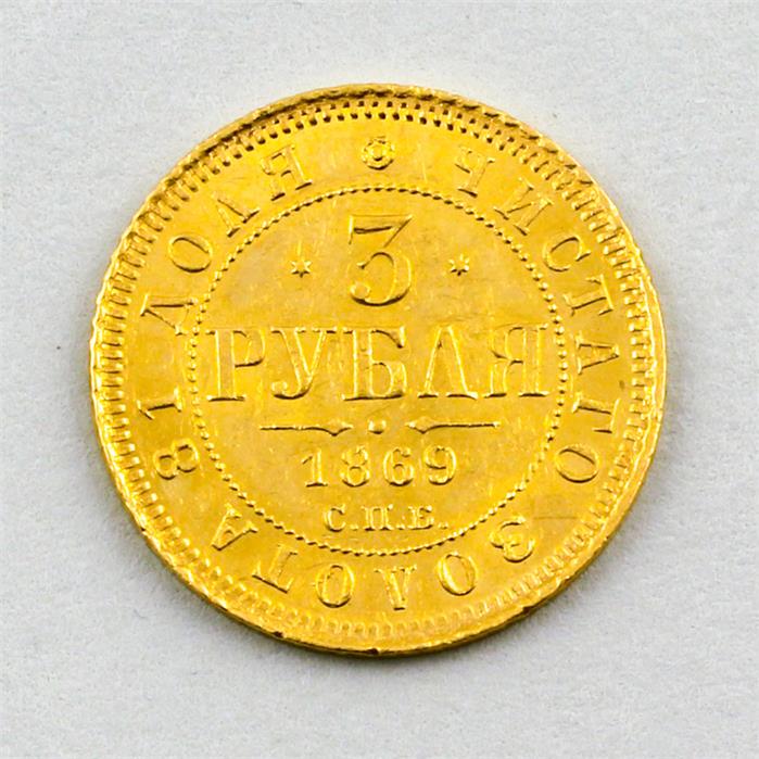 Goldmünze Russland, Alexander II, 3 Rubel 1869.
