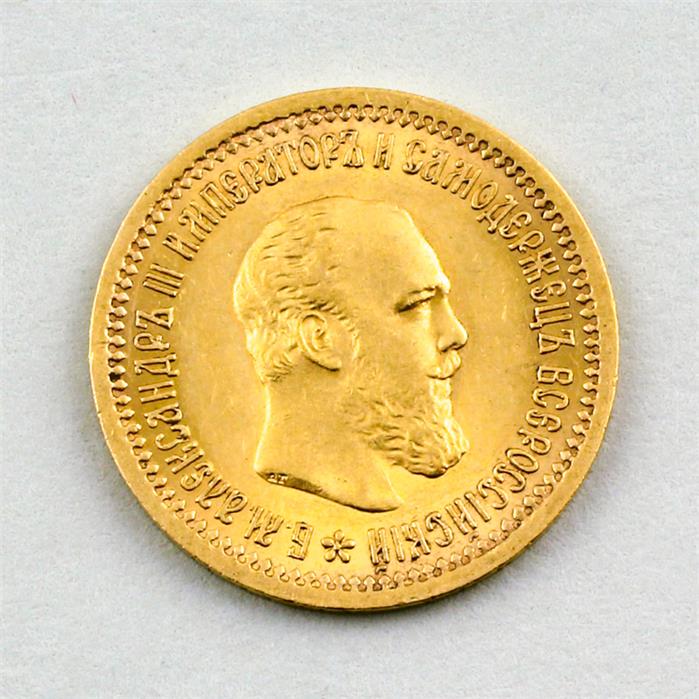 Goldmünze Russland, Alexander III, 5 Rubel 1889. 