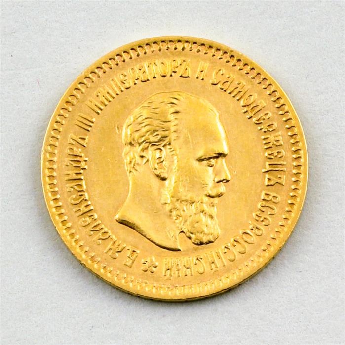 Goldmünze Russland, Alexander III, 5 Rubel 1887. 