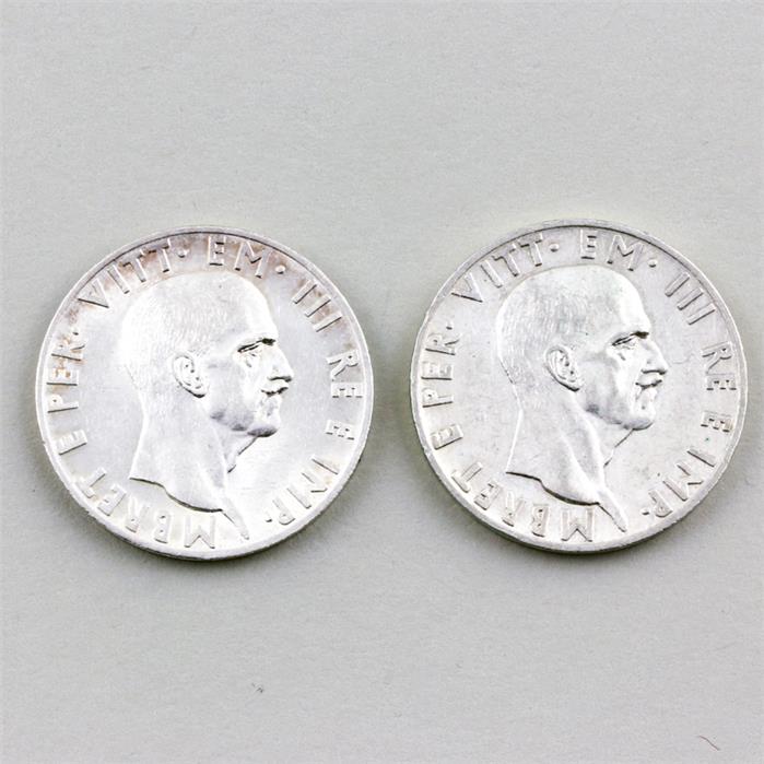 Zwei Silbermünzen, Albanien, 2x 10 Lek, 1939.