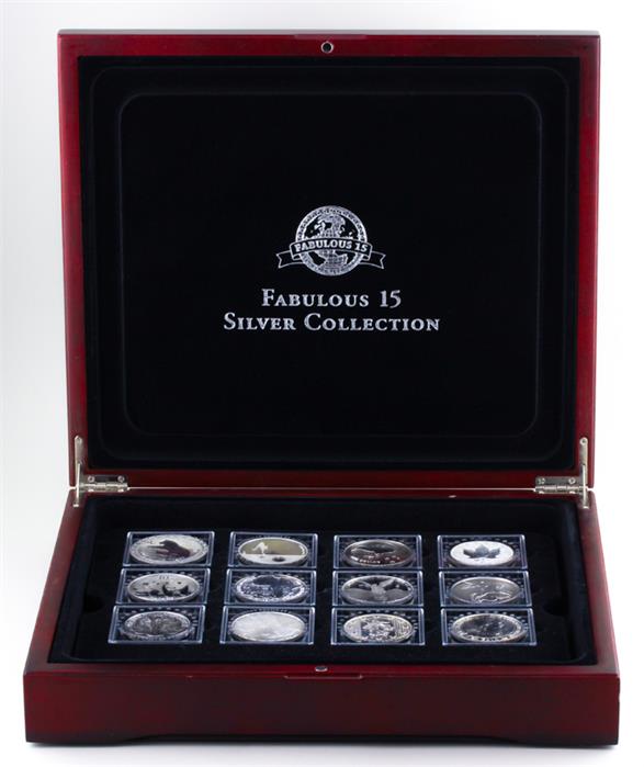 Sammlung von 15 Silber-Münzen aus dem Jahr 2010.