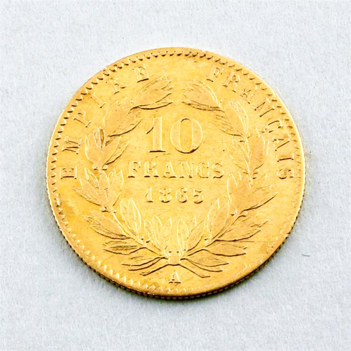 Goldmünze Frankreich, Napoleon III., 10 Franc 1865.