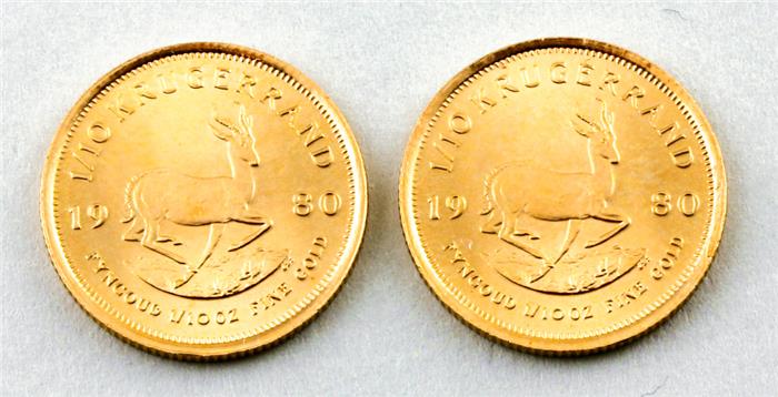 Zwei Goldmünzen, Südafrika, je 1/10 Unze Krügerrand, 1980.