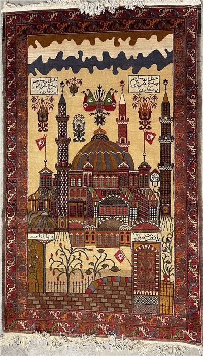 Iranischer Bildteppich mit Moschee (bez. Geschenk Sultan Mulana), ca. 200x 123 cm.