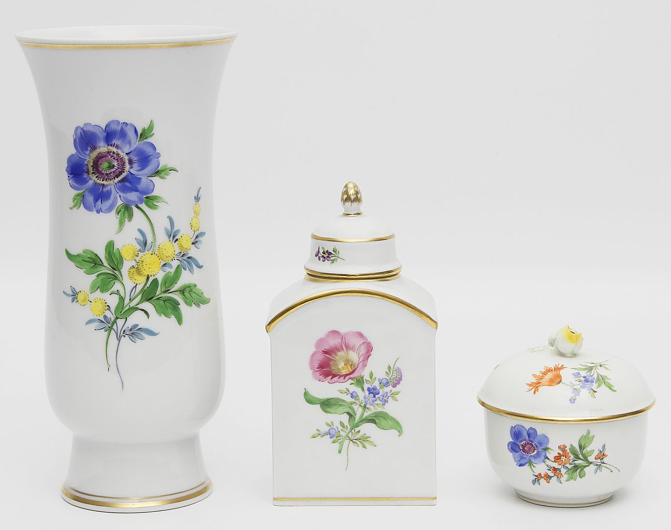 Vase, Tee- und Deckeldose, Meissen.