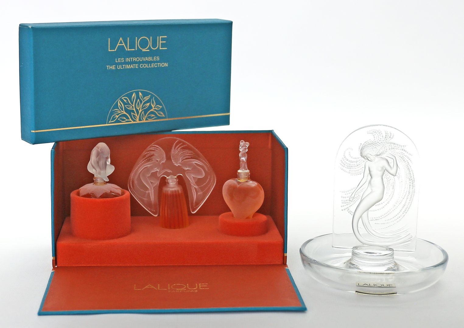 Ringschale und Set Miniaturparfumflacons, Lalique.