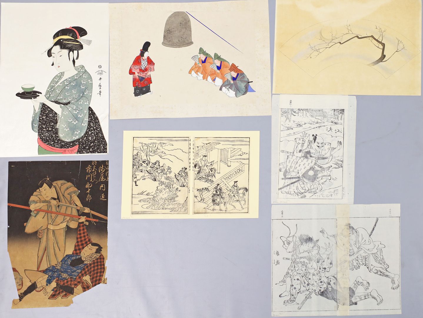 Vier japanische Holzschnitte und sechs Buchillustrationen (19. Jh.)