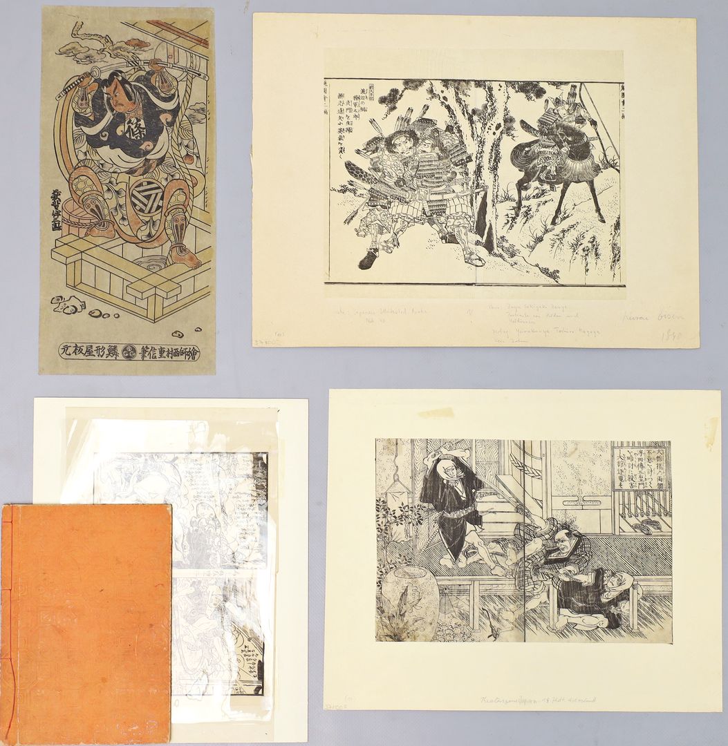 Sechs japanische Farbholzschnitte bzw. Buchillustrationen und Holzschnittbuch (überwiegend 19. Jh.)