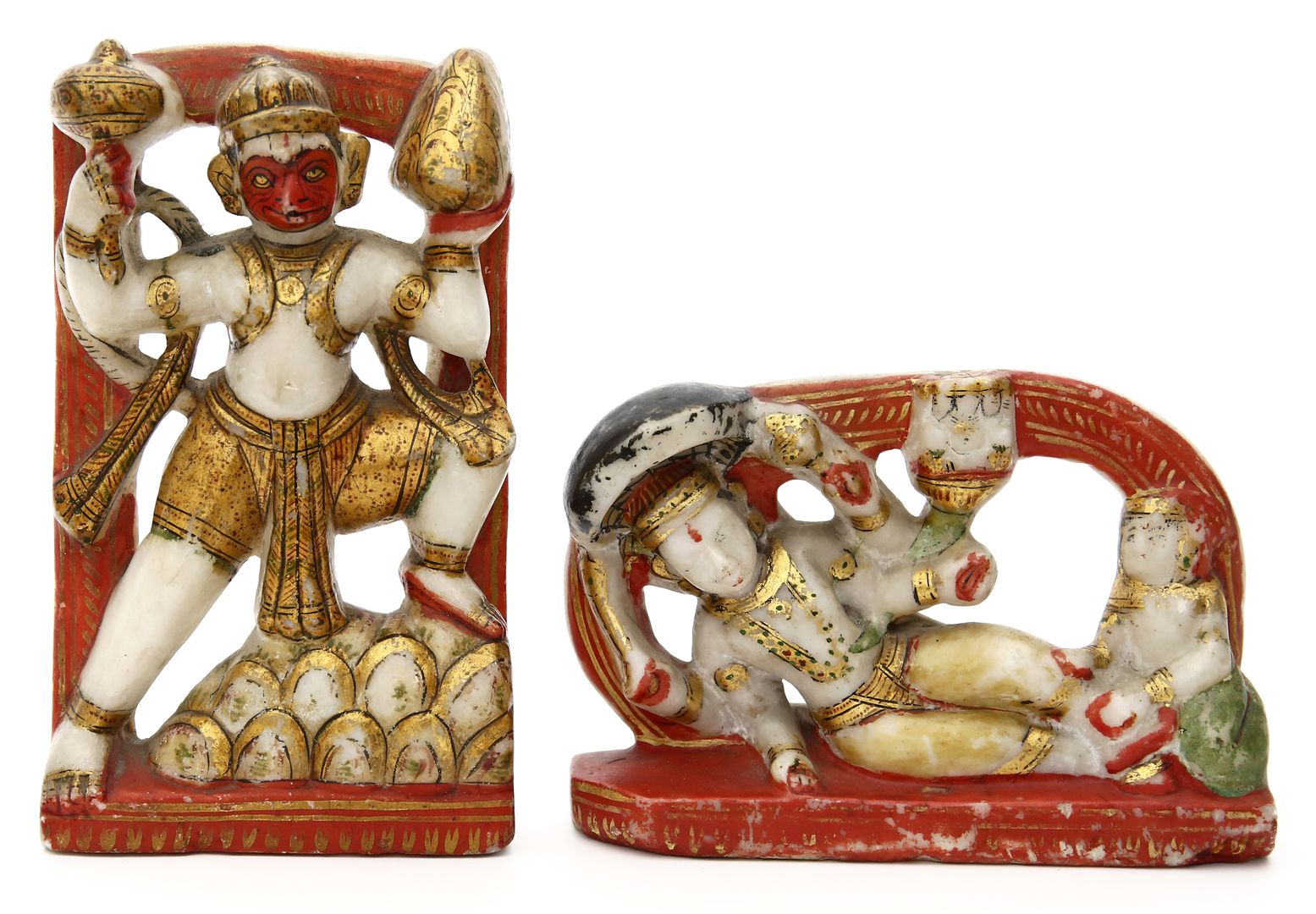 Zwei Skulpturen hinduistischer Gottheiten.
