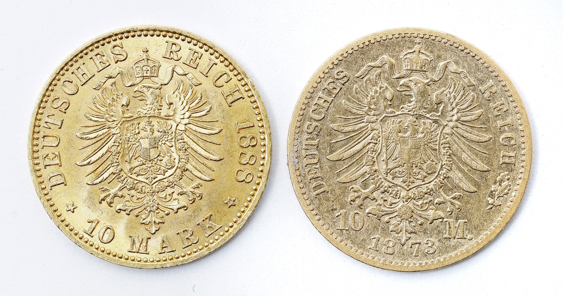 Zweimal 10 Mark, Preußen, Friedrich III. 1888 A und Sachsen, Johann 1873 E.