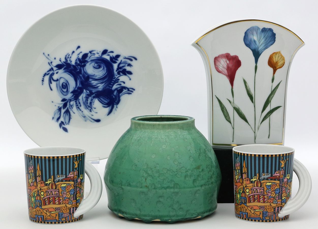 Vase, Schale und 2 Kaffeebecher, Rosenthal.