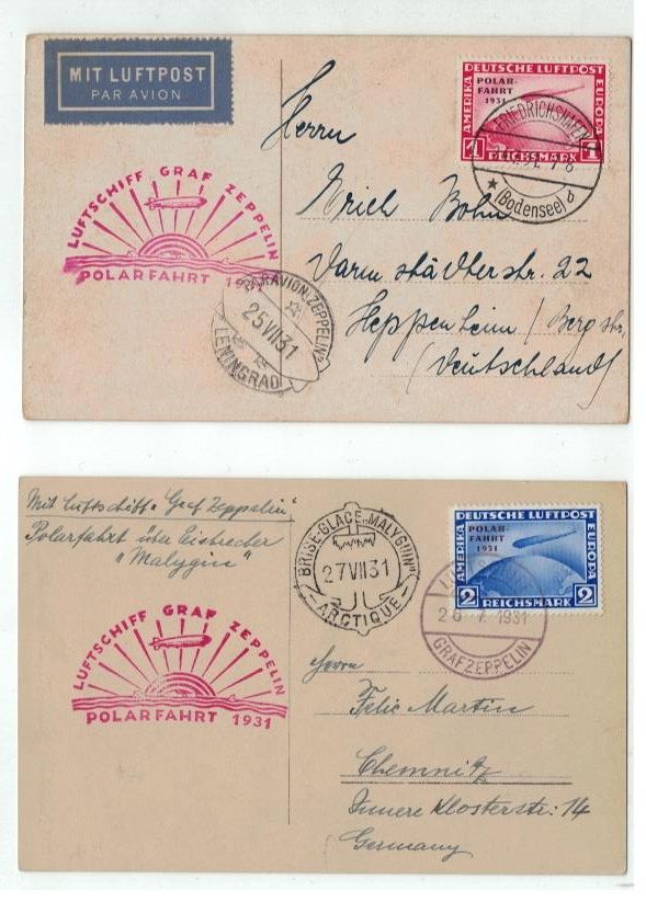 2 Postkarten, Zeppelinpost.