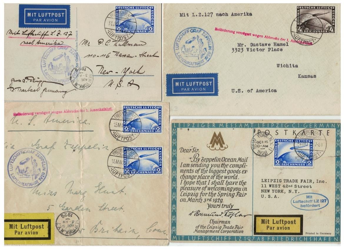 2 Briefe und 2 Postkarten, Zeppelinpost.