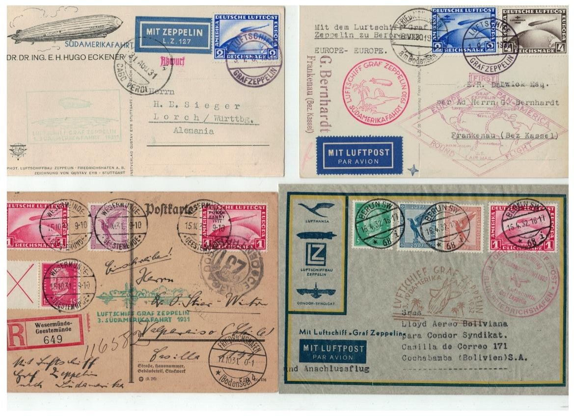3 Postkarten und Brief, Zeppelinpost.