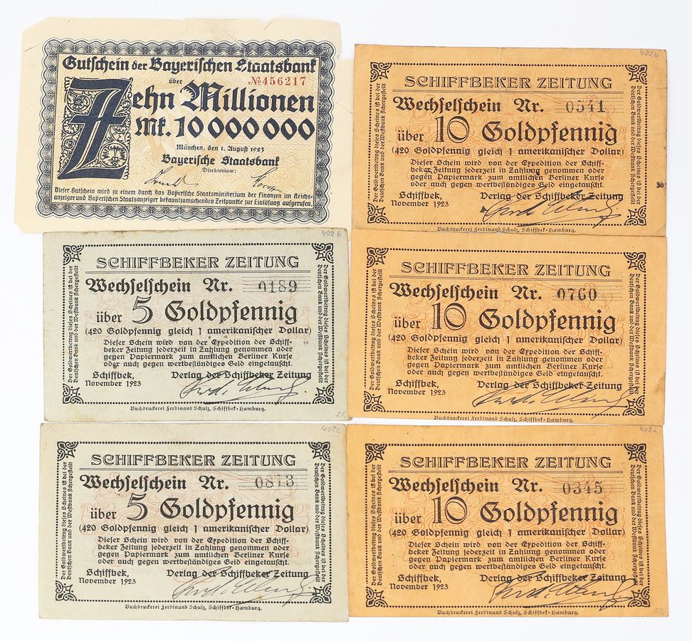 5 Wechselscheine, Schiffbek 1923.