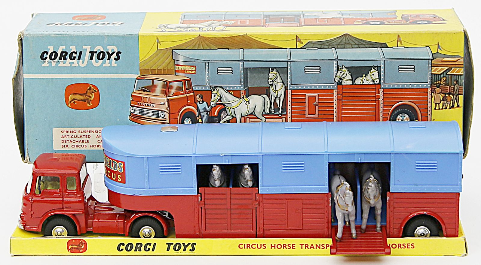 Zirkus-Pferdetransporter mit Pferden, Corgi Toys.