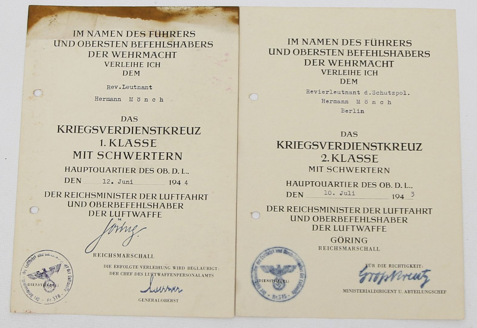 2 Verleihungs-Urkunden, 2. WK.