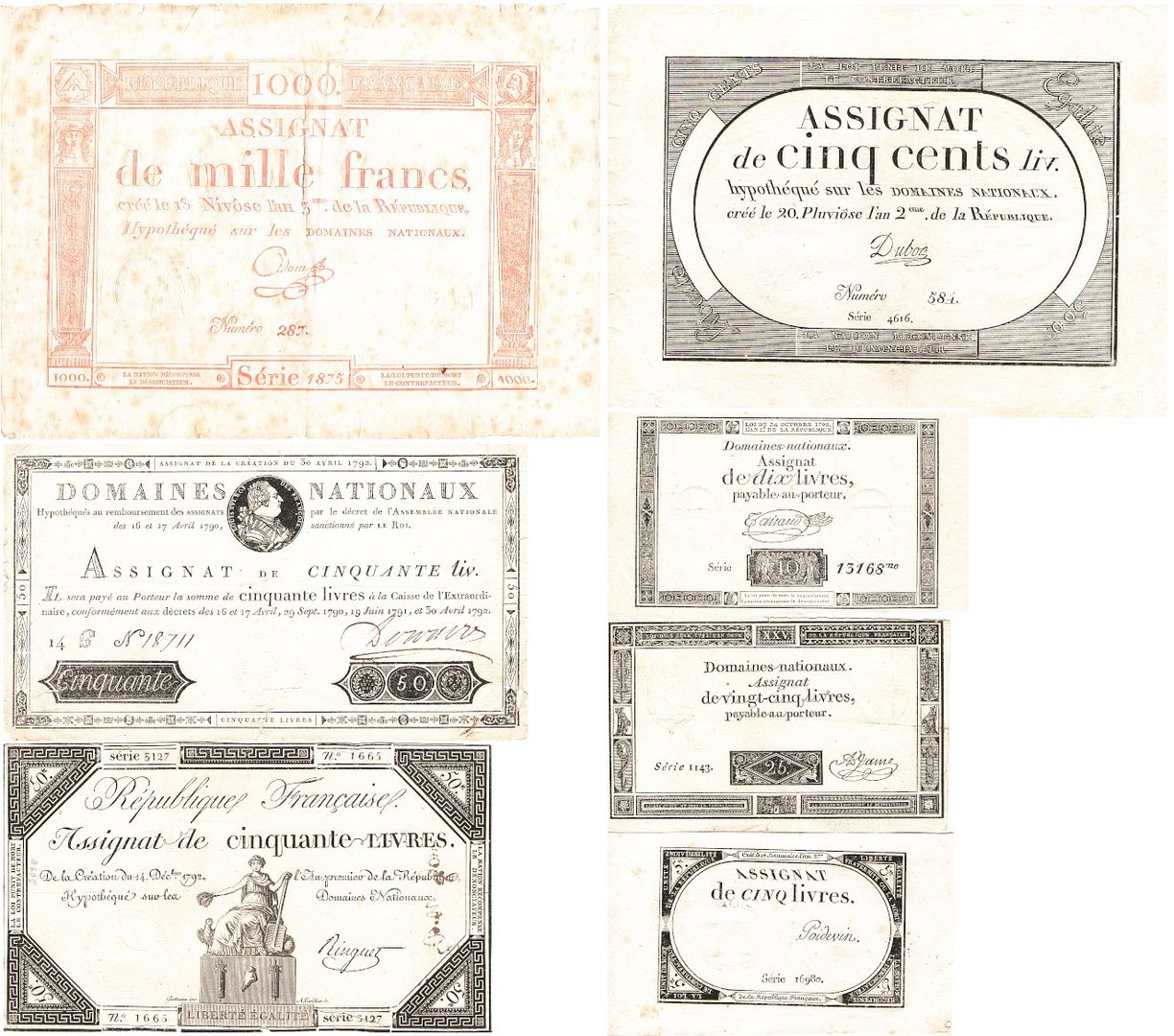 7 Assignaten mit verschiedenen Nennwerten, 1792-1794: