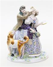 Skulpturengruppe "Sich neckendes Paar mit Hund".