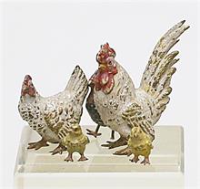Fünf kleine Wiener Bronzen "Rebhuhn, Hühner und Küken".
